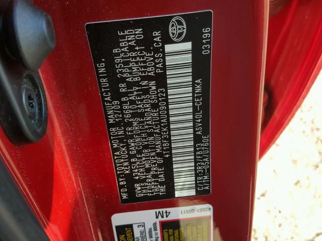 4T1BF3EK1AU090123 - 2010 TOYOTA CAMRY BASE RED photo 10