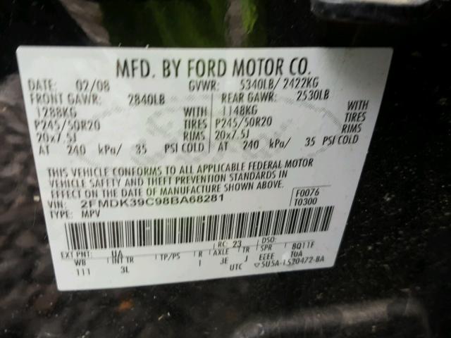 2FMDK39C98BA68281 - 2008 FORD EDGE LIMIT BLACK photo 10