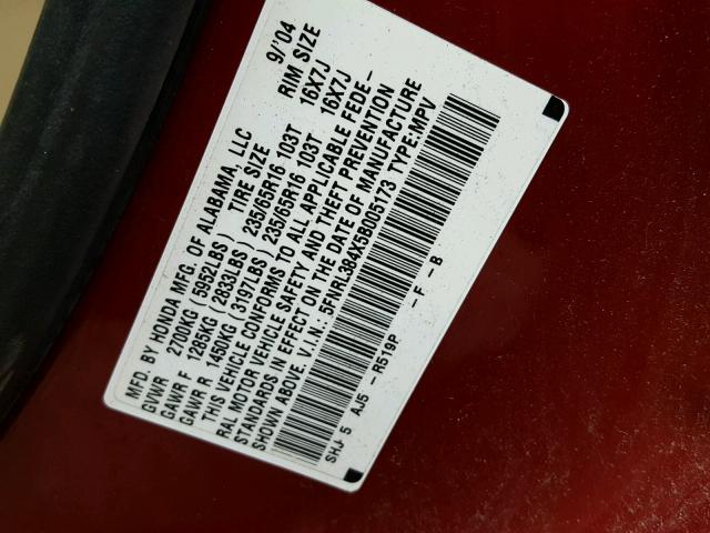 5FNRL384X5B005173 - 2005 HONDA ODYSSEY EX RED photo 10