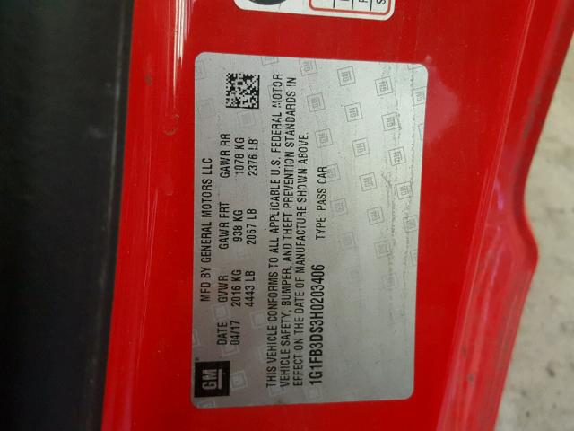 1G1FB3DS3H0203406 - 2017 CHEVROLET CAMARO LT RED photo 10