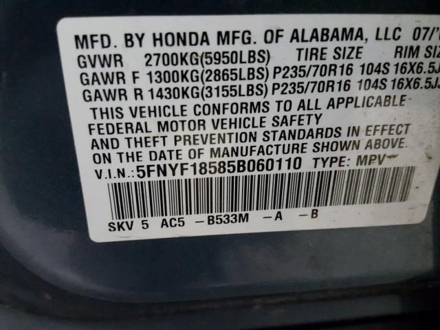 5FNYF18585B060110 - 2005 HONDA PILOT EXL BLUE photo 10