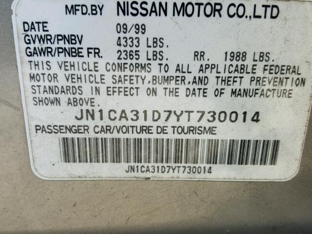 JN1CA31D7YT730014 - 2000 NISSAN MAXIMA GLE BEIGE photo 10