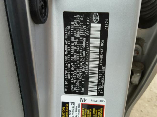 4T4BF3EK2BR133777 - 2011 TOYOTA CAMRY BASE SILVER photo 10