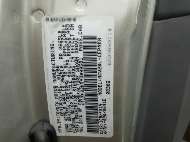 4T1BF22K9YU099581 - 2000 TOYOTA CAMRY LE ვერცხლისფერი ფოტო 10