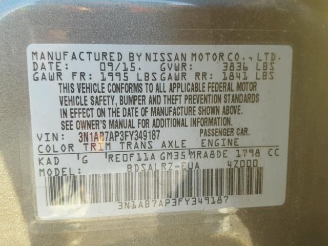 3N1AB7AP3FY349187 - 2015 NISSAN SENTRA S GRAY photo 10