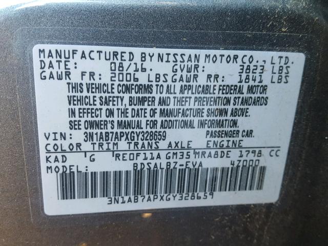 3N1AB7APXGY328659 - 2016 NISSAN SENTRA S GRAY photo 10