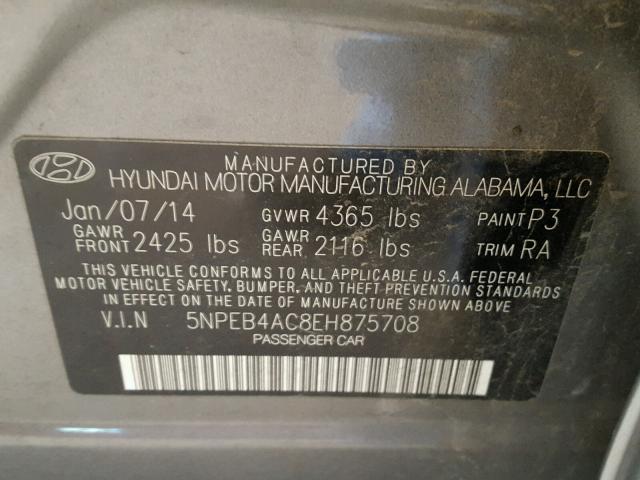 5NPEB4AC8EH875708 - 2014 HYUNDAI SONATA GLS GRAY photo 10