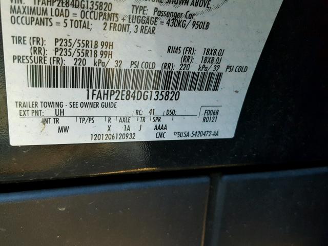 1FAHP2E84DG135820 - 2013 FORD TAURUS SEL BLACK photo 10