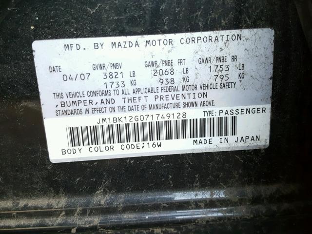 JM1BK12G071749128 - 2007 MAZDA 3 I BLACK photo 10