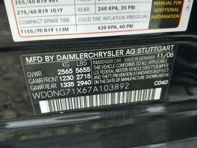 WDDNG71X67A103892 - 2007 MERCEDES-BENZ S 550 BLACK photo 10