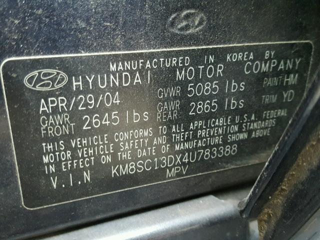 KM8SC13DX4U783388 - 2004 HYUNDAI SANTA FE G BLUE photo 10