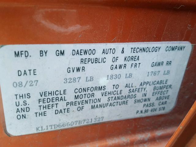 KL1TD66607B721327 - 2007 CHEVROLET AVEO BASE Narıncı foto 10