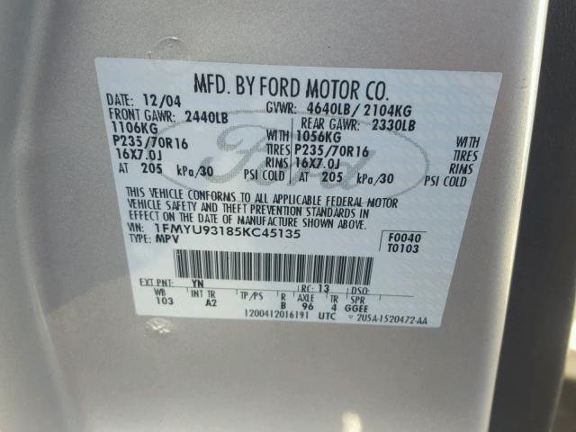 1FMYU93185KC45135 - 2005 FORD ESCAPE XLT SILVER photo 10