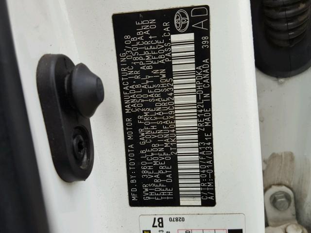 2T1KU40EX9C024325 - 2009 TOYOTA COROLLA MA WHITE photo 10