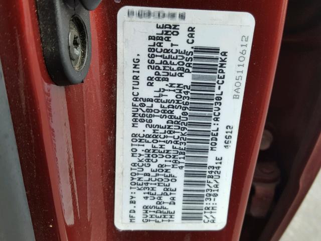 4T1BE32K92U096342 - 2002 TOYOTA CAMRY LE 红色 照片 10
