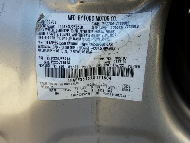 1FAFP25155G171804 - 2005 FORD FIVE HUNDR SILVER photo 10