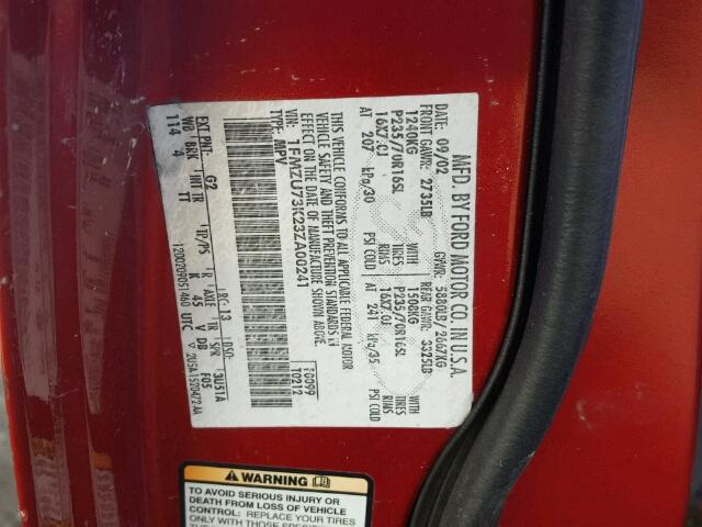 1FMZU73K23ZA00241 - 2003 FORD EXPLORER X RED photo 10