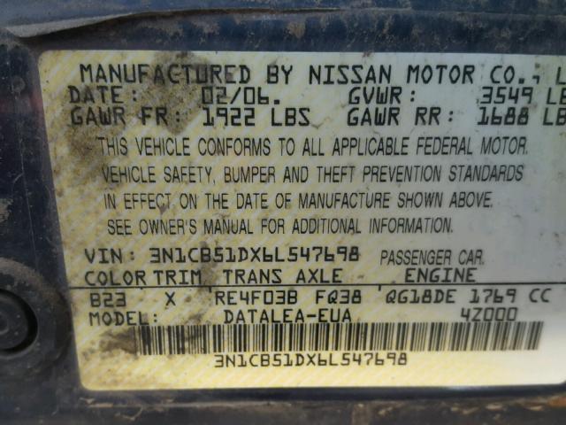 3N1CB51DX6L547698 - 2006 NISSAN SENTRA 1.8 BLUE photo 10