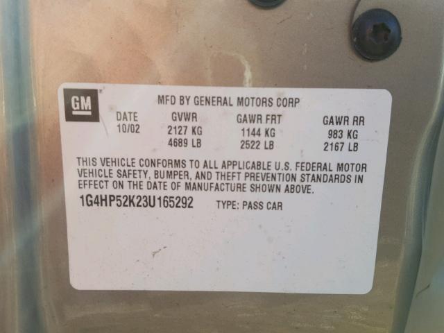 1G4HP52K23U165292 - 2003 BUICK LESABRE CU BEIGE photo 10