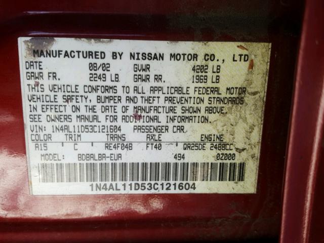 1N4AL11D53C121604 - 2003 NISSAN ALTIMA BAS RED photo 10