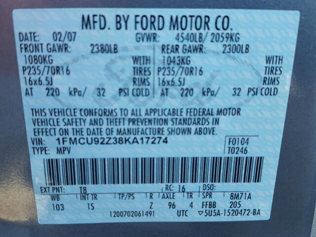 1FMCU92Z38KA17274 - 2008 FORD ESCAPE XLS SILVER photo 10