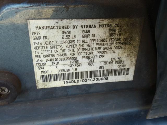 1N4DL01D21C208008 - 2001 NISSAN ALTIMA XE BLUE photo 10