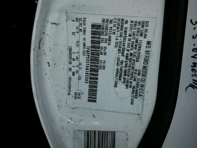 1FAFP55S14A182262 - 2004 FORD TAURUS SES WHITE photo 10