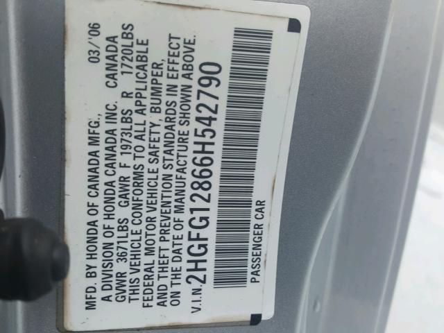 2HGFG12866H542790 - 2006 HONDA CIVIC EX 银色 照片 10