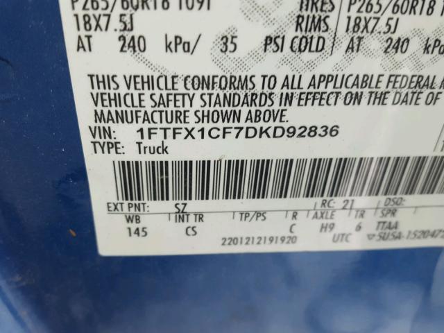 1FTFX1CF7DKD92836 - 2013 FORD F150 SUPER BLUE photo 10