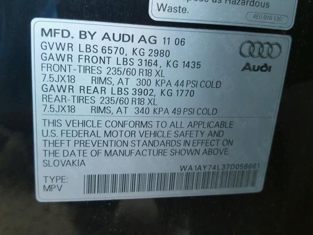 WA1AY74L37D058661 - 2007 AUDI Q7 3.6 QUA BLACK photo 10