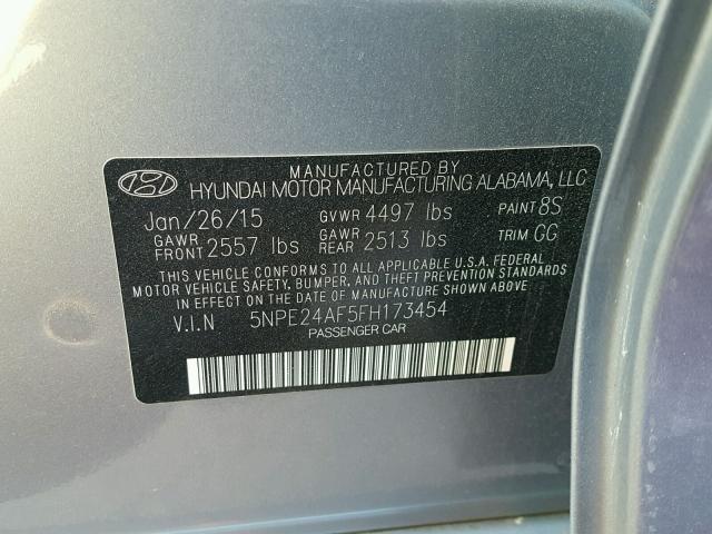 5NPE24AF5FH173454 - 2015 HYUNDAI SONATA SE GRAY photo 10