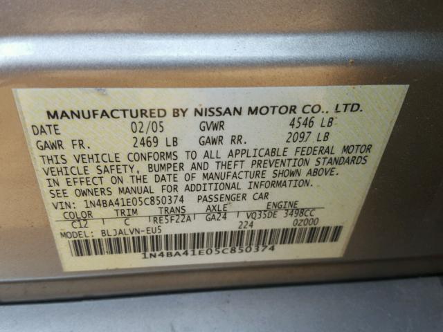 1N4BA41E05C850374 - 2005 NISSAN MAXIMA SE GOLD photo 10