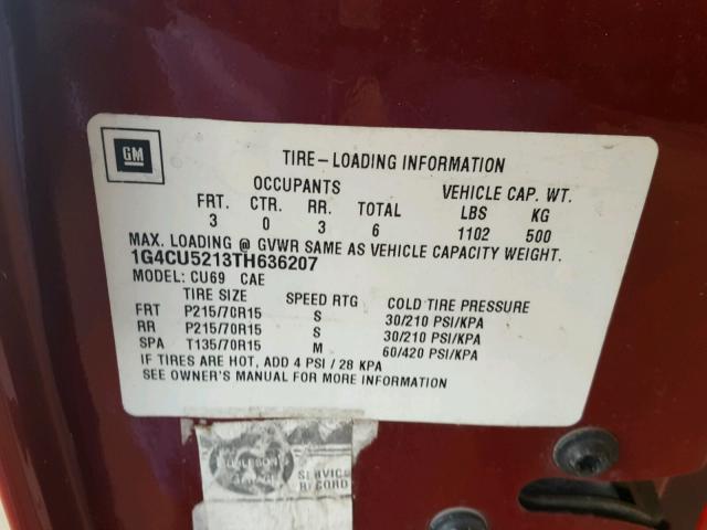 1G4CU5213TH636207 - 1996 BUICK PARK AVENU RED photo 10