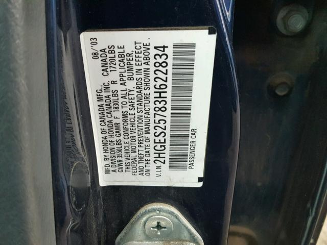 2HGES25783H622834 - 2003 HONDA CIVIC EX BLUE photo 10