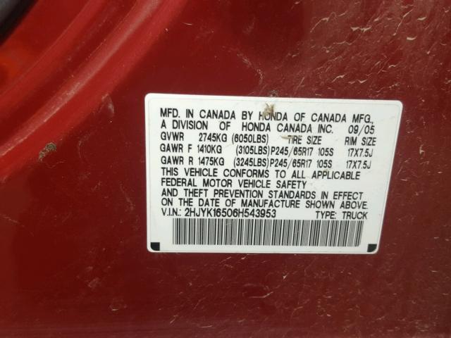 2HJYK16506H543953 - 2006 HONDA RIDGELINE RED photo 10