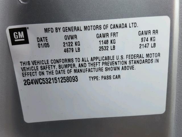 2G4WC532151258093 - 2005 BUICK LACROSSE C SILVER photo 10