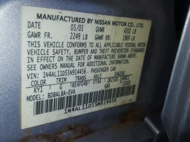 1N4AL11D55N914456 - 2005 NISSAN ALTIMA S SILVER photo 10