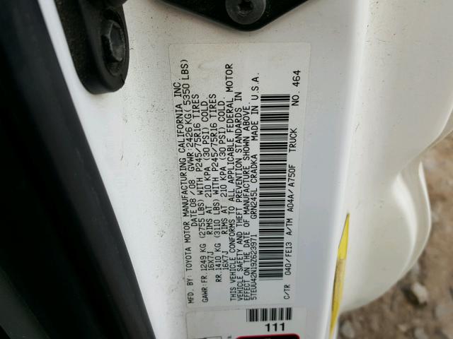 5TEUU42N19Z623971 - 2009 TOYOTA TACOMA ACC WHITE photo 10