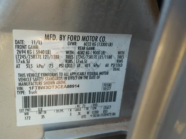 1FT8W3DT3CEA88914 - 2012 FORD F350 SUPER GRAY photo 10