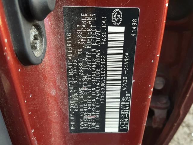 4T1BE30K25U072133 - 2005 TOYOTA CAMRY LE მუქწითელი ფოტო 10