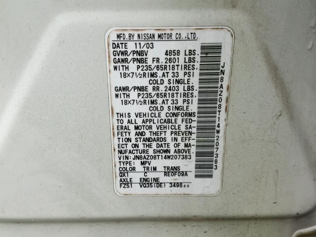 JN8AZ08T14W207383 - 2004 NISSAN MURANO SL WHITE photo 10