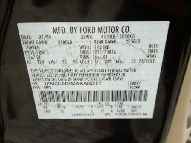 1FMCU0DG0AKA02387 - 2010 FORD ESCAPE XLT BLACK photo 10