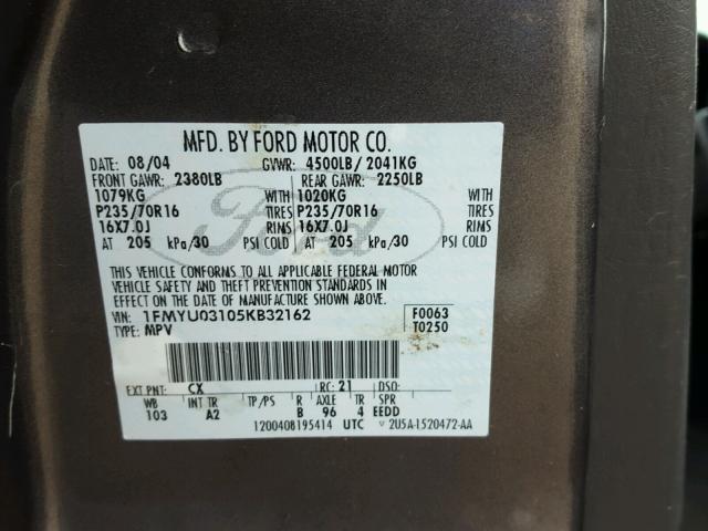 1FMYU03105KB32162 - 2005 FORD ESCAPE XLT GRAY photo 10