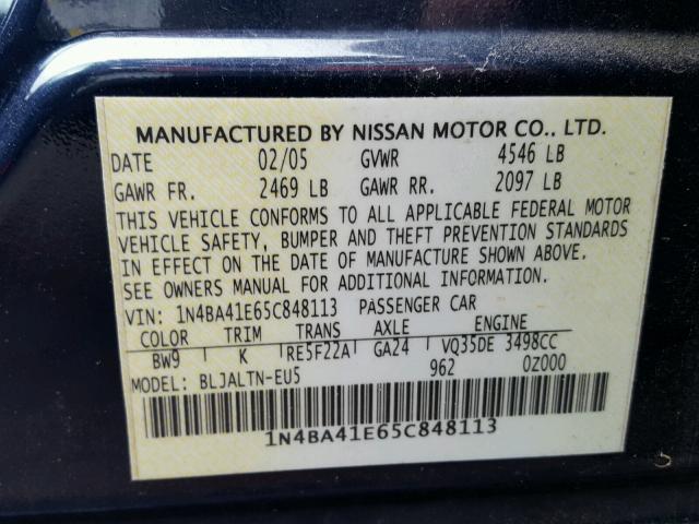 1N4BA41E65C848113 - 2005 NISSAN MAXIMA SE BLUE photo 10