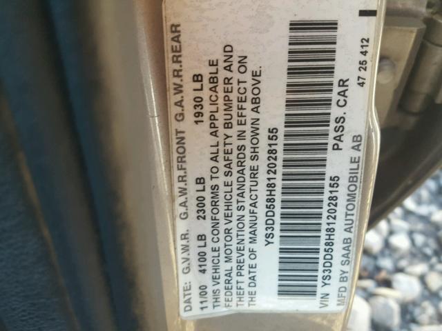 YS3DD58H812028155 - 2001 SAAB 9-3 BROWN photo 10