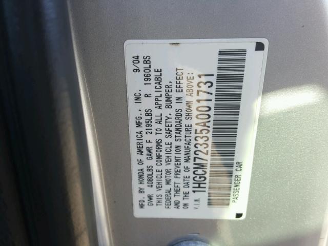 1HGCM72335A001731 - 2005 HONDA ACCORD LX SILVER photo 10