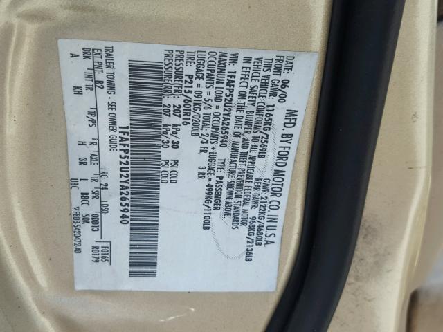 1FAFP52U2YA265940 - 2000 FORD TAURUS LX GOLD photo 10