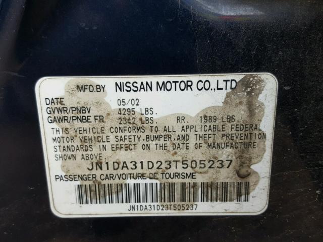 JN1DA31D23T505237 - 2003 NISSAN MAXIMA GLE BLUE photo 10