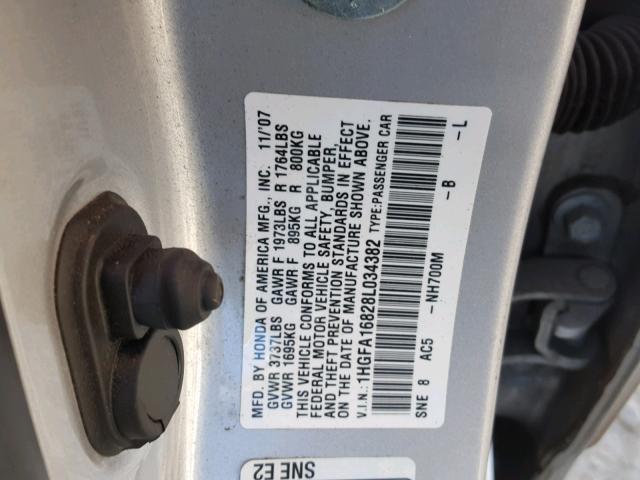 1HGFA16828L034382 - 2008 HONDA CIVIC SILVER photo 10