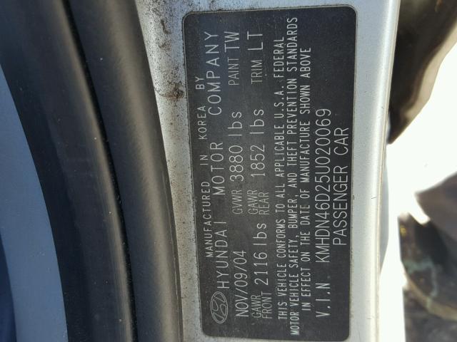 KMHDN46D25U020069 - 2005 HYUNDAI ELANTRA GL SILVER photo 10